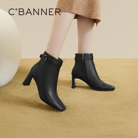 千百度粗高跟羊皮靴秋冬时装靴通勤洋气小短靴女鞋保暖A23560802