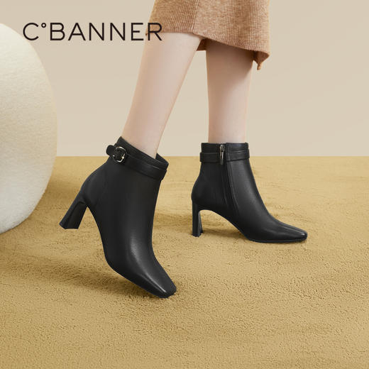 千百度粗高跟羊皮靴秋冬时装靴通勤洋气小短靴女鞋保暖A23560802 商品图0