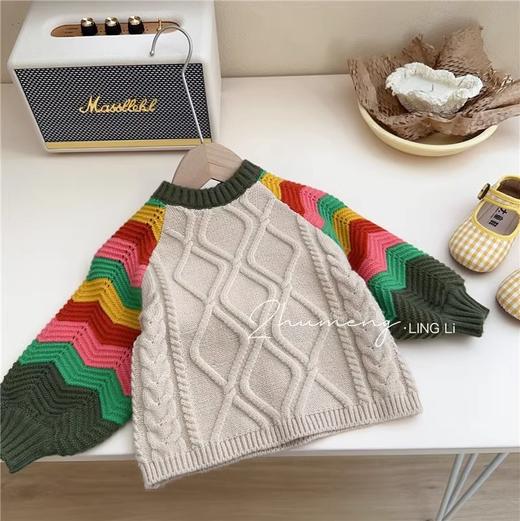 【俏皮活泼套装！时尚潮流】朵丫春季新款女童撞色波浪灯笼袖，毛衣羊羔毛牛仔背带裤，舒适包裹 商品图5