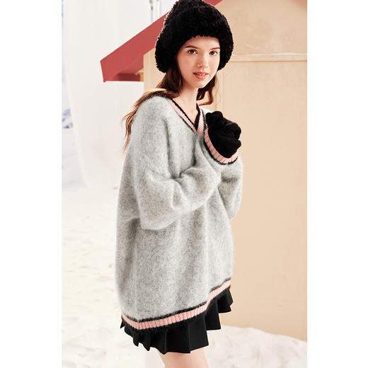 【严选】诗凡黎冬撞色罗纹设计宽松大廓型V领套头衫SEB131361 商品图4