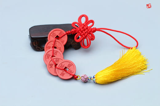 五帝钱朱砂挂件，手工编织，配中国结，流苏 商品图2