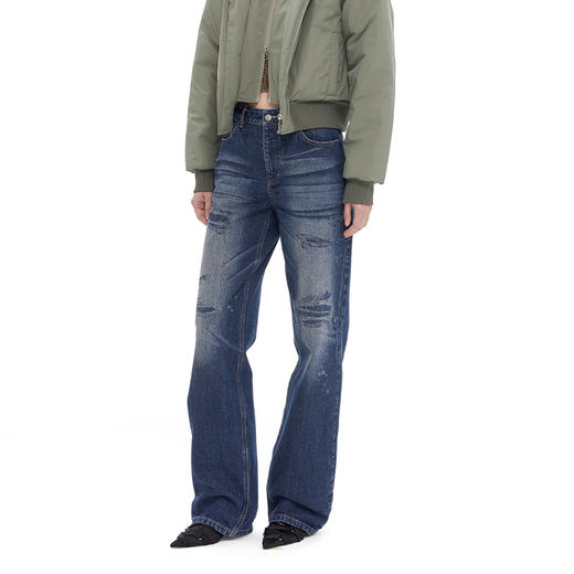 NUTH “模拟破洞”｜蓝色激光印花复古做旧直筒牛仔裤 商品图10