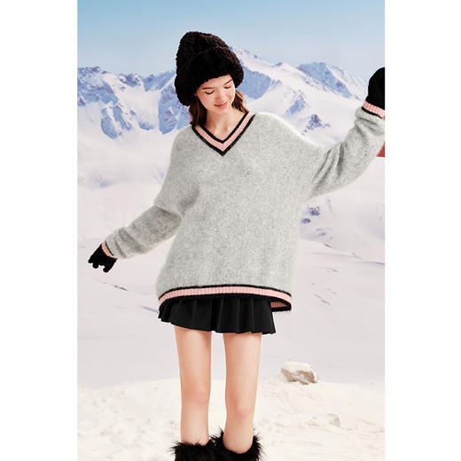 【严选】诗凡黎冬撞色罗纹设计宽松大廓型V领套头衫SEB131361 商品图3