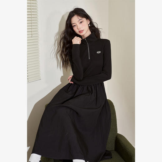 法式立领卫衣连衣裙新款小众设计感百褶小黑裙长裙V1938609 商品图0