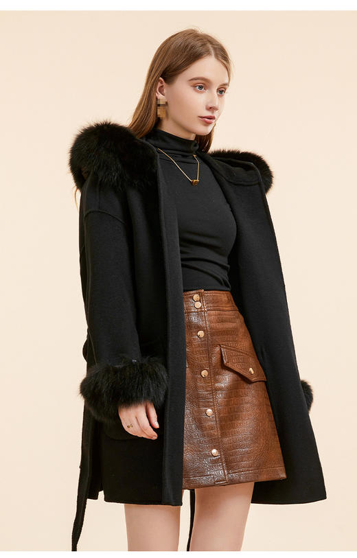 狐狸毛领中长款羊毛双面尼大衣 商品图0