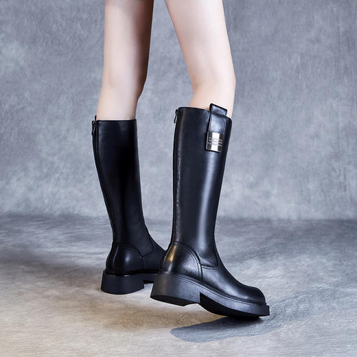 头层牛皮厚底骑士靴，秋冬新款后拉链显瘦不过膝加绒长筒靴ZM233542 商品图2