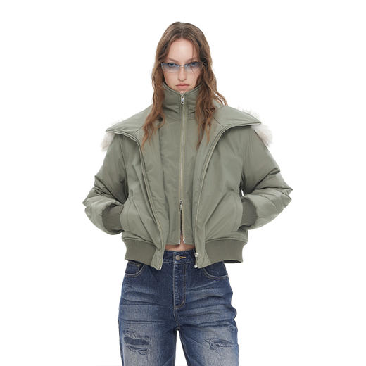 NUTH “绒绒组装”｜灰绿色可拆毛领设计修身短款棉服外套女 商品图1