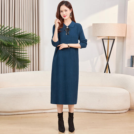 秋季娃娃领中长款针织连衣裙，女秋冬配大衣内搭洋气翻领打底毛衣裙CC-E82315 商品图0