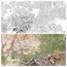 【大彩图】横幅工笔画白描底稿《傲雪迎春图》竹子梅花木槿临摹勾线花鸟线稿HN15