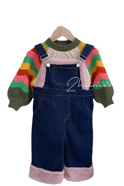 【俏皮活泼套装！时尚潮流】朵丫春季新款女童撞色波浪灯笼袖，毛衣羊羔毛牛仔背带裤，舒适包裹 商品图6