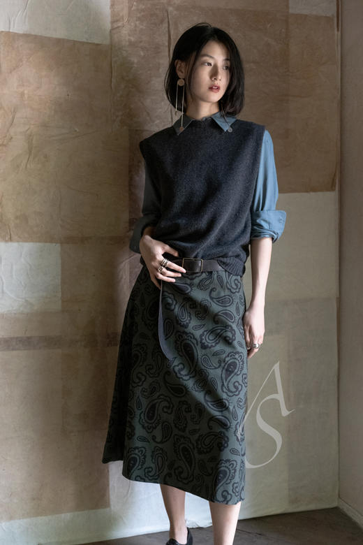 Margaret Howell 23AW 日版墨绿色佩斯利纹丝棉半裙 商品图3