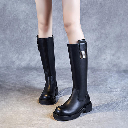 头层牛皮厚底骑士靴，秋冬新款后拉链显瘦不过膝加绒长筒靴ZM233542 商品图0