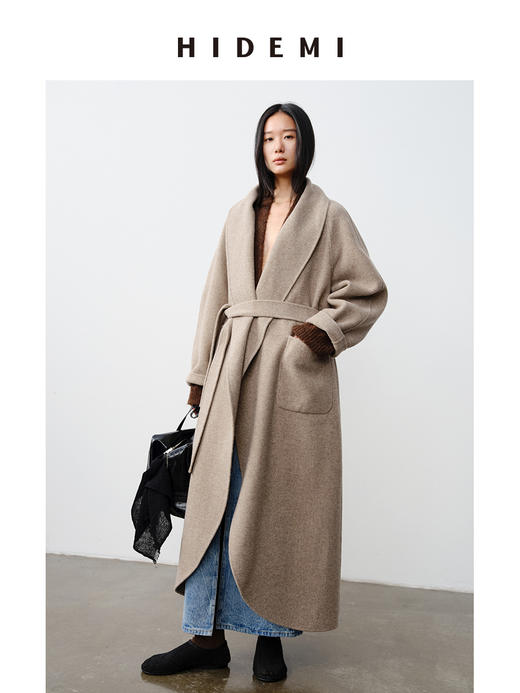 HIDEMI 澳洲美利奴羊毛粒绒翻领腰带设计感慵懒厚款燕麦夹花大衣 商品图1