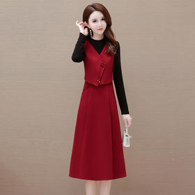 时尚新款，毛呢小马甲假两件高腰裙拼结中长款秋季连衣裙QYM-LRX-MWQ32-Y