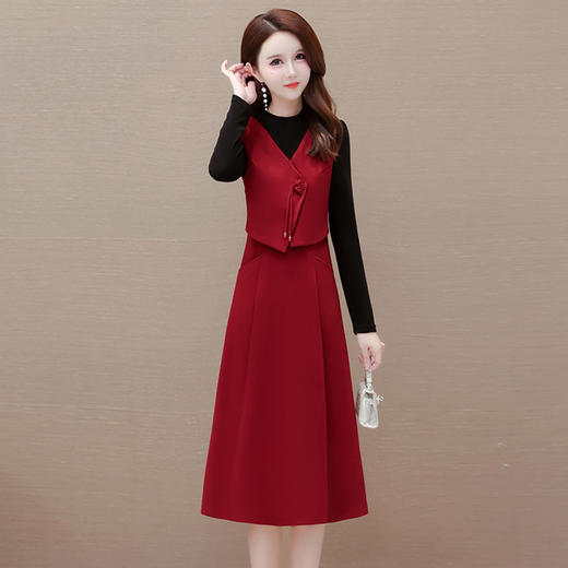 时尚新款，毛呢小马甲假两件高腰裙拼结中长款秋季连衣裙QYM-LRX-MWQ32-Y 商品图0