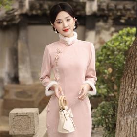 冬季新款，加毛加厚复合超柔雪花绒侧八扣长款旗袍日常款旗袍SJT-396