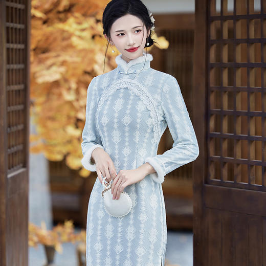 冬季新款，锦棉提花毛领旗袍加厚优雅名媛风气质旗袍连衣裙BS-2868 商品图1