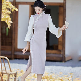 秋冬季新款，雪尼尔舒适休闲毛领旗袍优雅蕾丝花边日常逛街旗袍裙BS-2864