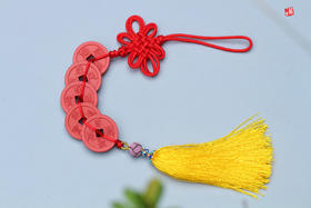 五帝钱朱砂挂件，手工编织，配中国结，流苏