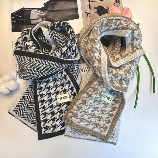 【冬季文艺范保暖围巾！韩系格子慵懒风】女保暖针织千鸟格学院风围脖，保暖又时尚 柔软围绕 温暖你的颈间 舒适柔软却不失时髦感 商品图1