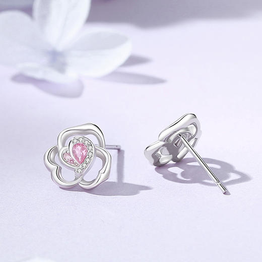 【心动玫瑰】S925银爱心粉色锆石耳饰【JHY-E000612B】 商品图1