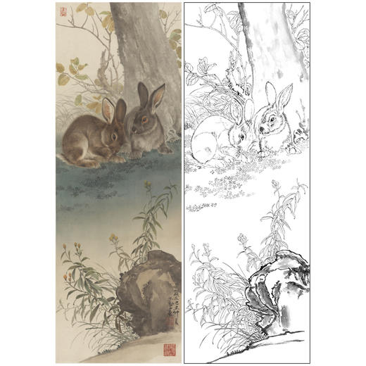 【大彩图】王生勈工笔画白描底稿《兔子》初学者临摹勾线动物线稿A653 商品图0