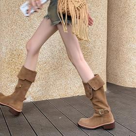 【可两穿翻折堆堆靴子！时尚潮流】女秋冬复古磨砂圆头，中跟棕色西部牛仔靴长筒靴，展现出时尚与个性并存的魅力，是一款集时尚、舒适、多功能于一体的理想选择 hh