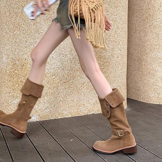【可两穿翻折堆堆靴子！时尚潮流】女秋冬复古磨砂圆头，中跟棕色西部牛仔靴长筒靴，展现出时尚与个性并存的魅力，是一款集时尚、舒适、多功能于一体的理想选择 hh 商品图0