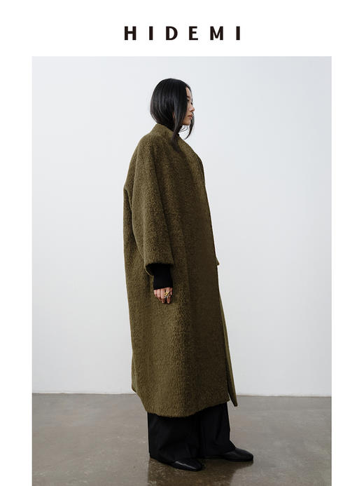 HIDEMI alpaca长毛羊驼毛苏力不对称弧形门襟长款大衣 商品图4