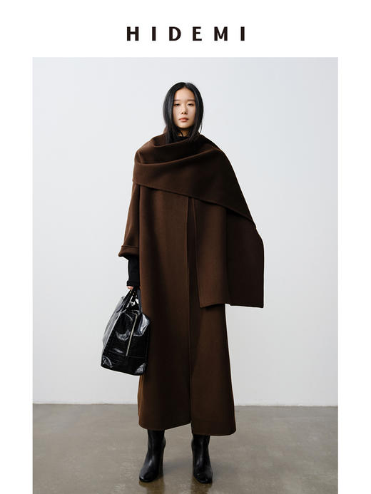 HIDEMI 澳洲美利奴羊毛双面呢分体大围巾式极简廓形长款大衣 商品图5