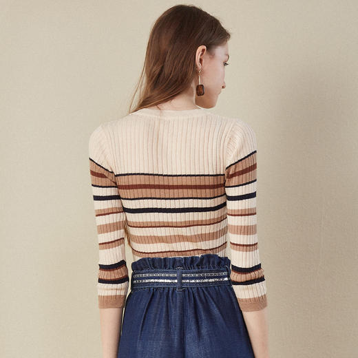 欧芮儿2018早秋新款条纹针织衫薄上衣韩版七分袖套头圆领毛衣 商品图1