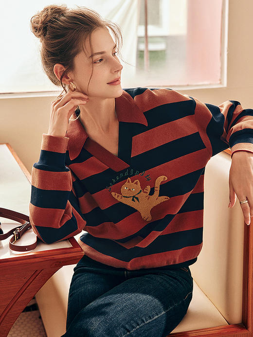 OLrain欧芮儿法式条纹卫衣女秋冬2022新款宽松慵懒风复古针织上衣 商品图0