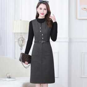QYM MB49-L中长款假两件时尚拼接连衣裙半高领通勤A字裙