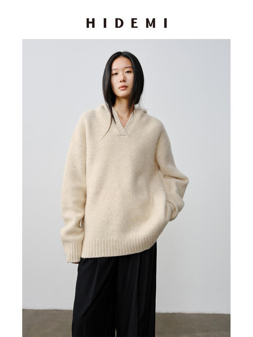 HIDEMI 骆驼毛羊毛花纱混纺加厚款连帽宽松大帽衫毛衣 商品图0