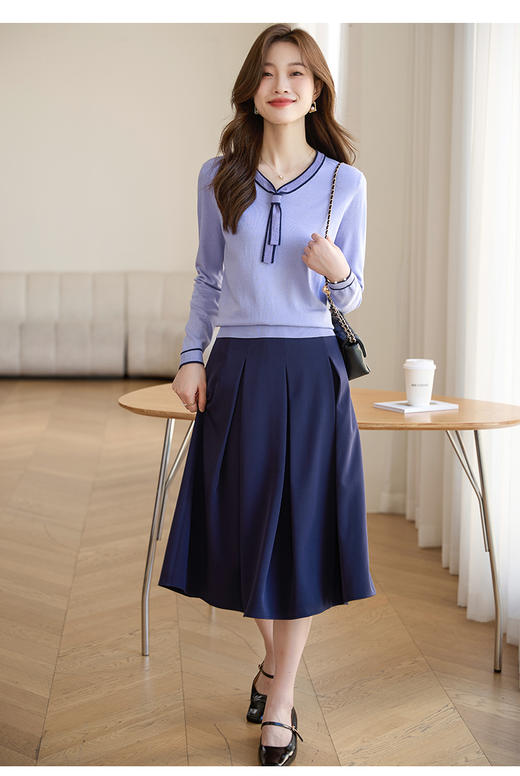 【专属特价】熙世界气质飘带针织衫女秋装新款名媛风撞色V领长袖套头上衣 商品图4