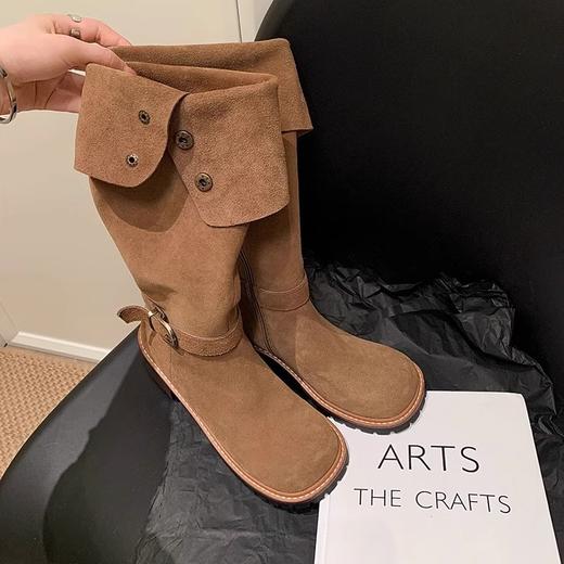 【可两穿翻折堆堆靴子！时尚潮流】女秋冬复古磨砂圆头，中跟棕色西部牛仔靴长筒靴，展现出时尚与个性并存的魅力，是一款集时尚、舒适、多功能于一体的理想选择 hh 商品图3
