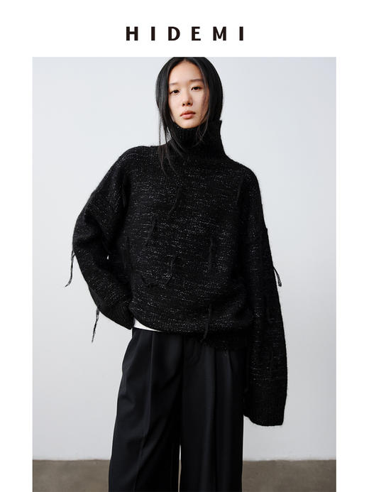HIDEMI 马海毛羊毛混纺花纱钩针流苏极简廓形高领加厚款大毛衣 商品图3