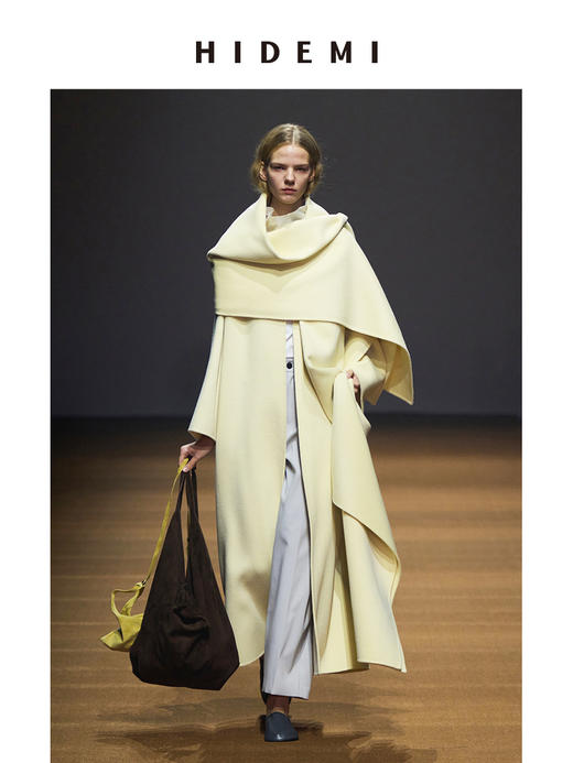 HIDEMI 澳洲美利奴羊毛双面呢分体大围巾式极简廓形长款大衣 商品图0