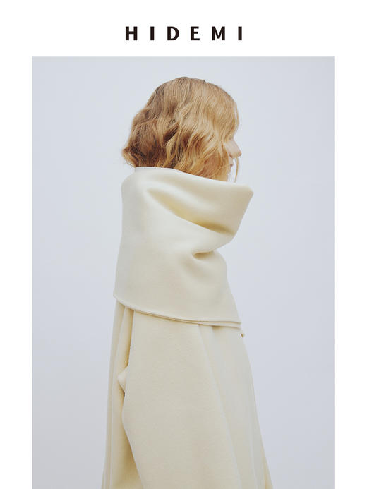 HIDEMI 澳洲美利奴羊毛双面呢分体大围巾式极简廓形长款大衣 商品图3