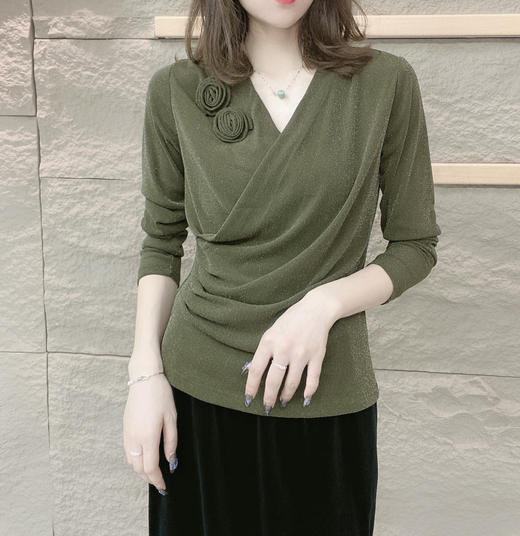 雀说 弹力网纱V领花朵打底衫长袖T恤AM01 商品图3