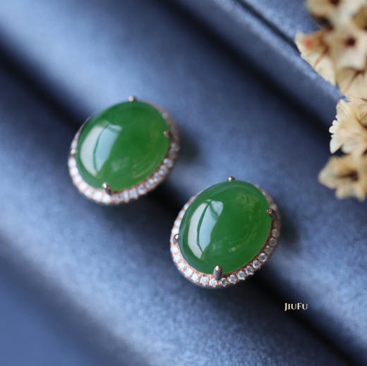 18K玫瑰金和田玉（碧玉）满钻蛋面耳钉/蛋面8*10mm/阳绿微猫 商品图2