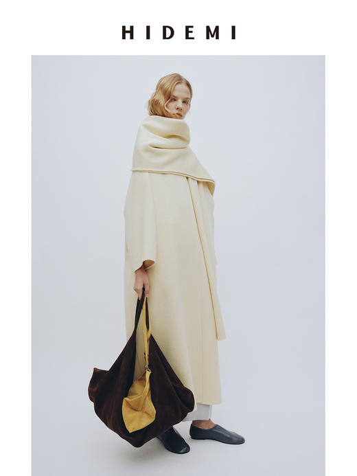 HIDEMI 澳洲美利奴羊毛双面呢分体大围巾式极简廓形长款大衣 商品图2
