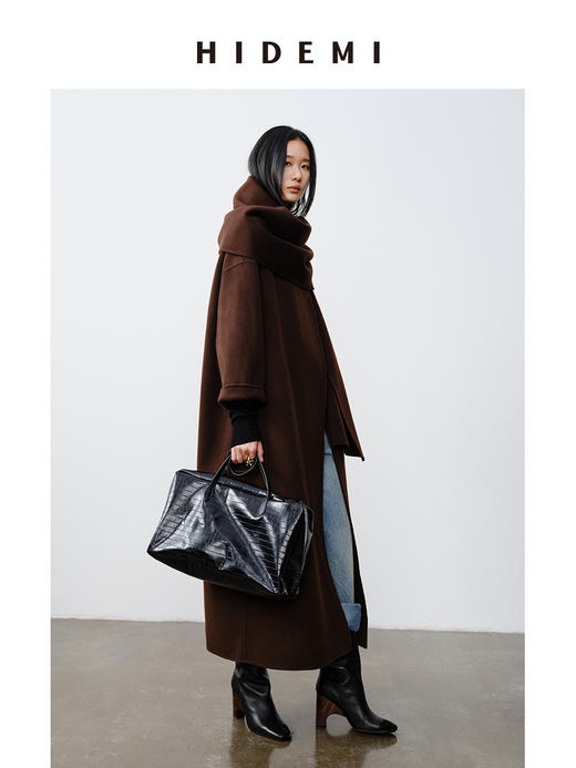 HIDEMI 澳洲美利奴羊毛双面呢分体大围巾式极简廓形长款大衣 商品图8