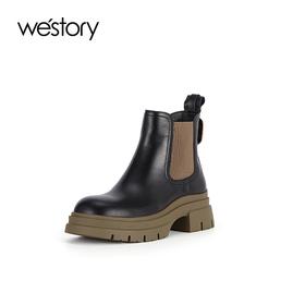 westory2023年秋季新品方跟绒布里复古休闲短靴切尔西靴女靴S23DS83431