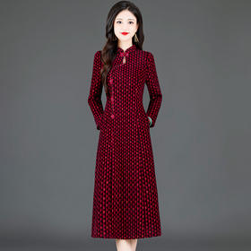 时尚复古旗袍裙妈妈装中长款，仿貂绒连衣裙厚款保暖打底长裙QYM-KED-H1386-Y
