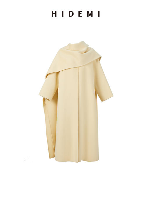 HIDEMI 澳洲美利奴羊毛双面呢分体大围巾式极简廓形长款大衣 商品图13