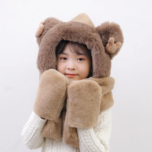 「三合一款！五色可选」儿童卡通围巾帽子三合一保暖连帽围脖可爱小孩手套一体围巾配饰 商品图1