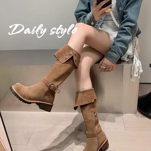 【可两穿翻折堆堆靴子！时尚潮流】女秋冬复古磨砂圆头，中跟棕色西部牛仔靴长筒靴，展现出时尚与个性并存的魅力，是一款集时尚、舒适、多功能于一体的理想选择 hh 商品图2