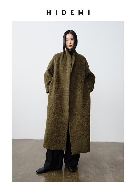 HIDEMI alpaca长毛羊驼毛苏力不对称弧形门襟长款大衣 商品图5