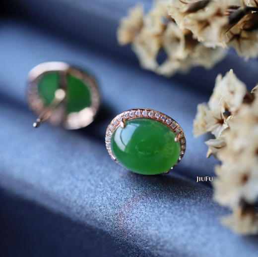 18K玫瑰金和田玉（碧玉）满钻蛋面耳钉/蛋面8*10mm/阳绿微猫 商品图4